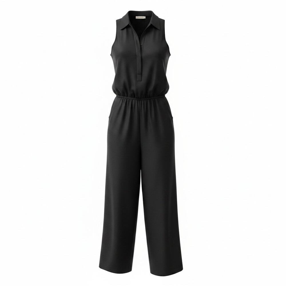 Sunner Black Sleeveless Collared Wide-Leg Jumpsuit - Large